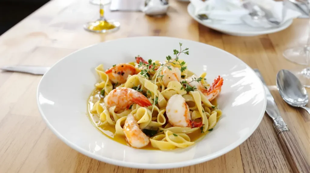 Je ne fais plus que ces tagliatelles gourmandes à l'ail et aux crevettes, parfumées au basilic et prêtes en 15 minutes !