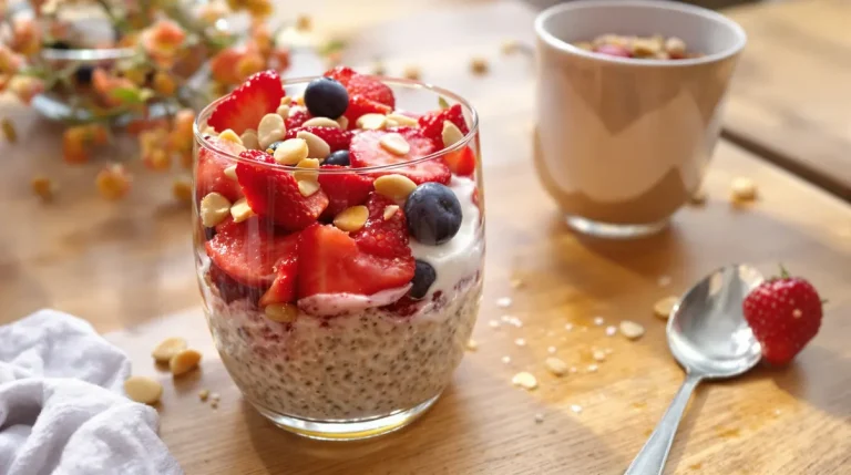 Petit-déj printanier prêt à l&rsquo;avance : ces overnight oats crémeux marient douceur des fruits rouges, croquant et onctuosité du yaourt grec
